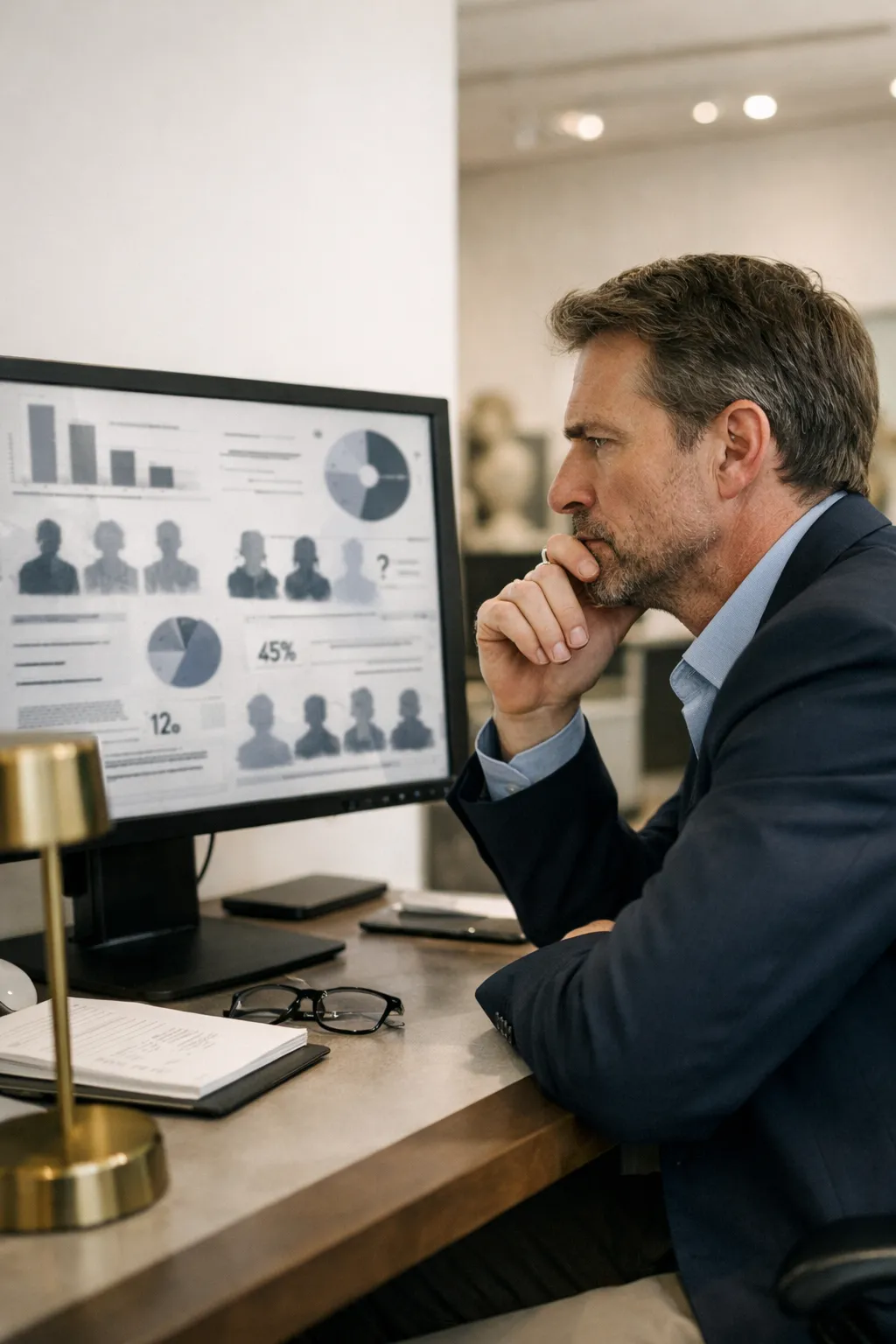 Museum curator reviewing exhibits